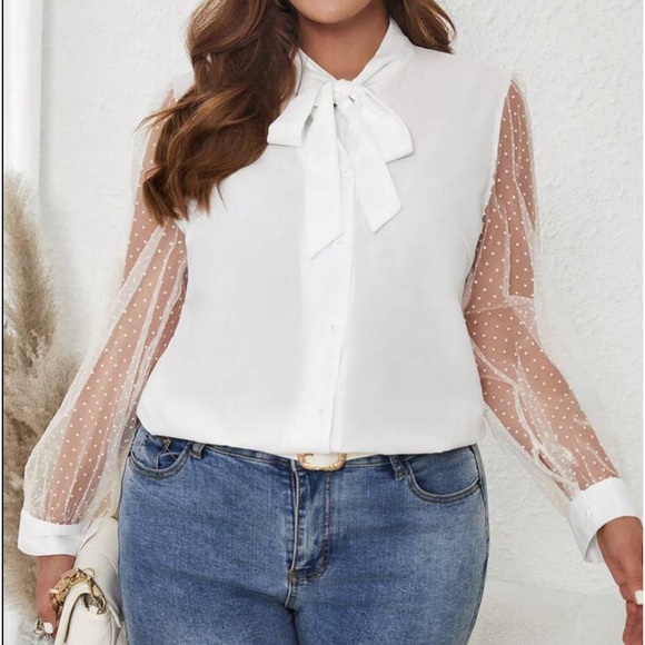 Plus Size Sheer Mesh Lace Polka Dots Tie Top Button Down Shirt Blouse Black - Picture 10 of 12